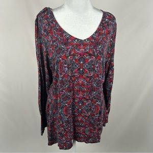 J Jill Red Patterned 3/4 Sleeve Top Size Large